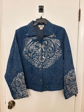 Sandy Starkman Beaded Sequined Denim Jacket Vintage Art-to-Wear Size XL